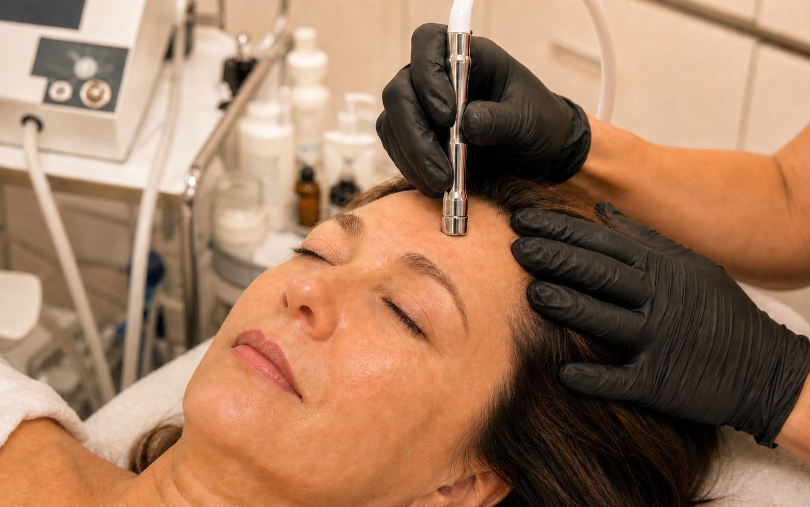 Microdermabrasion mit dem Diamantkopf an der Stirn zur Porenverfeinerung bei Maru Kosmetik in Karlsruhe-Grötzingen